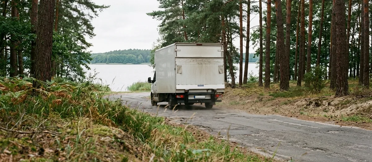 Möbelwagen auf einer schmalen Uferstraße zwischen Kiefern, im Hintergrund Wasser