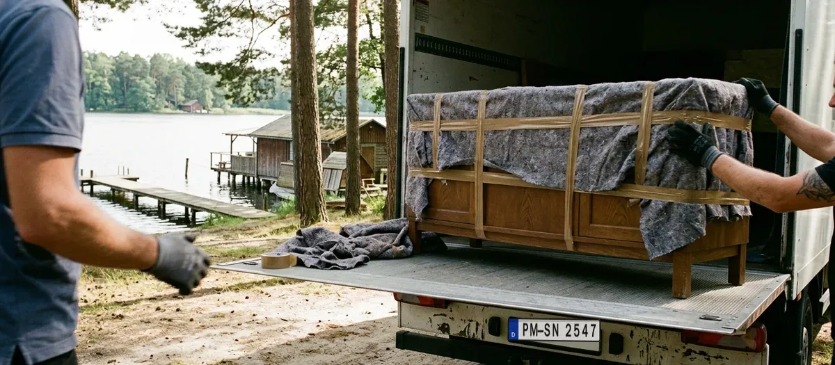 Ein in Decken gewickeltes Sideboard wird über die Ladebordwand in den Möbelwagen geschoben, im Hintergrund liegt der See.
