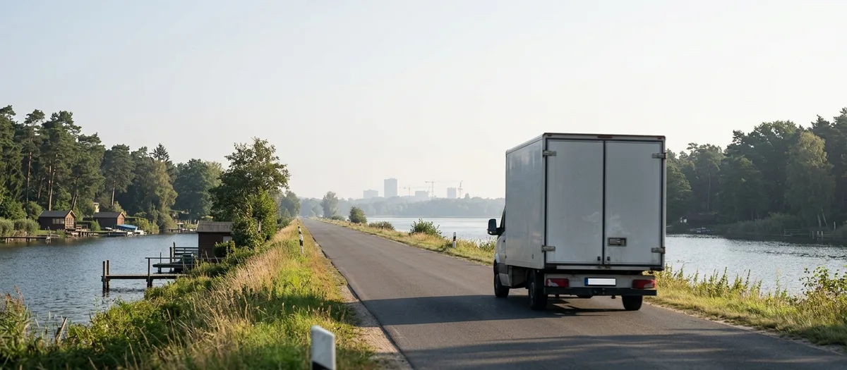 Beladener Möbelwagen auf der Landstraße Richtung Stadt, am Horizont die Silhouette von Hochhäusern