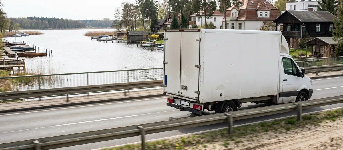 Möbelwagen auf der Bundesstraße 1 kurz vor der Baumgartenbrücke, dahinter das Wasser der Havel