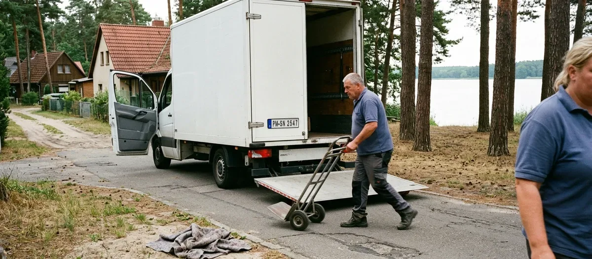 Möbelwagen mit offener Hecktür am Ortsrand von Geltow, ein Träger schiebt eine Sackkarre heran, dahinter alte Kiefern und das Ufer der Havel.